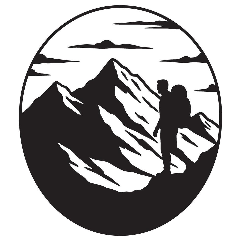 Silhouette of a hiker ascending a mountain within an oval frame outdoors adventure concept vector