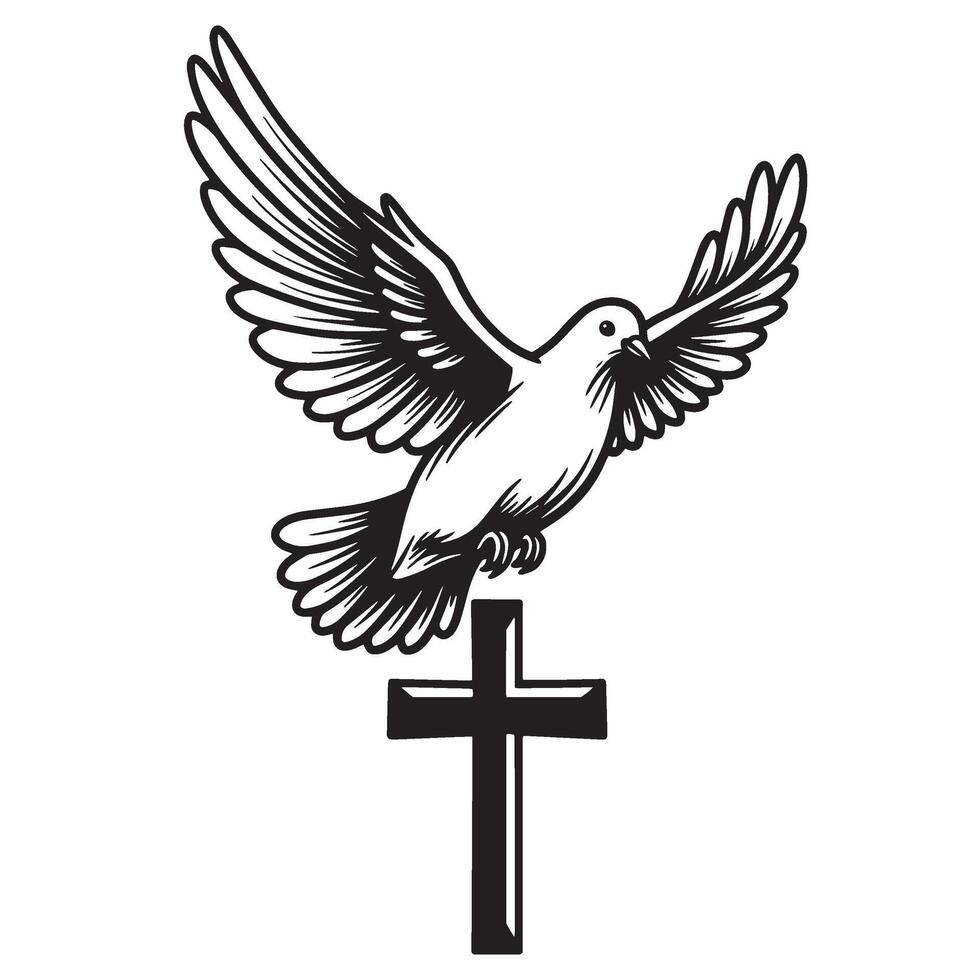 Dove of peace and cross religious symbol illustration in black and white design vector