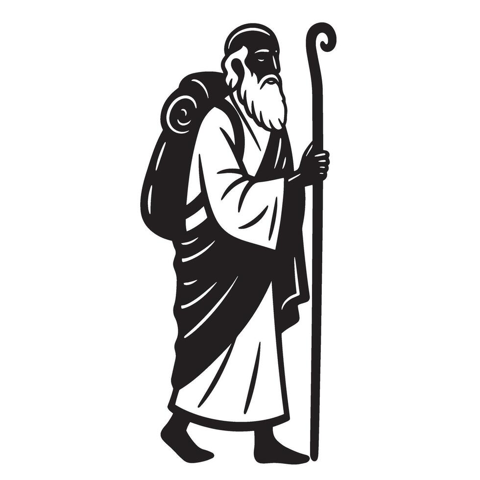 Black and white illustration of a walking old man carrying a backpack with a cane vector