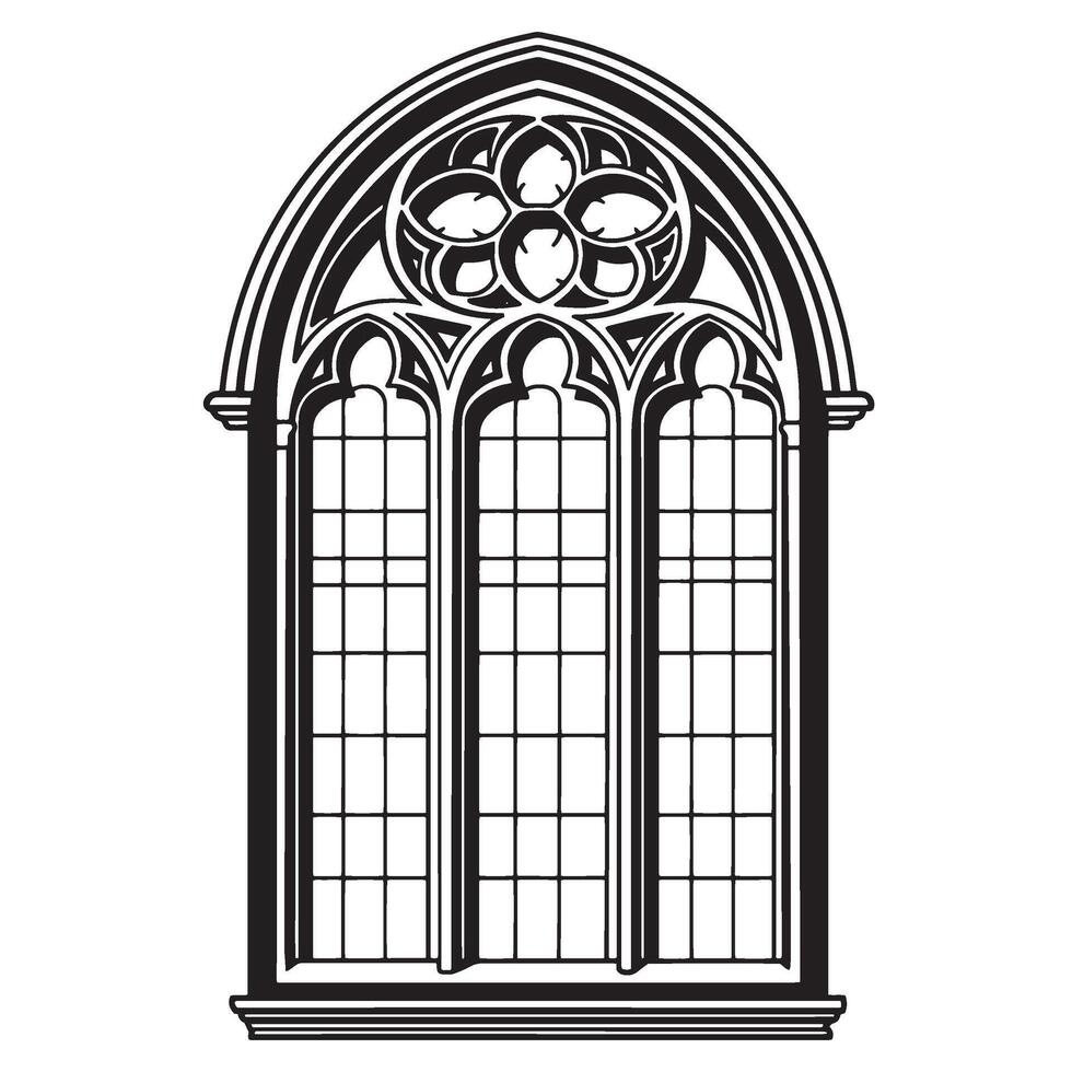 Elegant black and white gothic church window illustration for religious architectural design vector