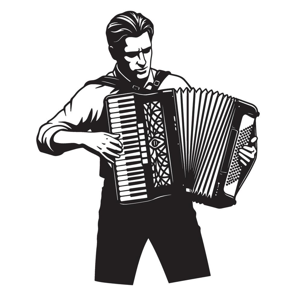 Stylish black and white illustration of a man playing a musical accordion instrument. vector