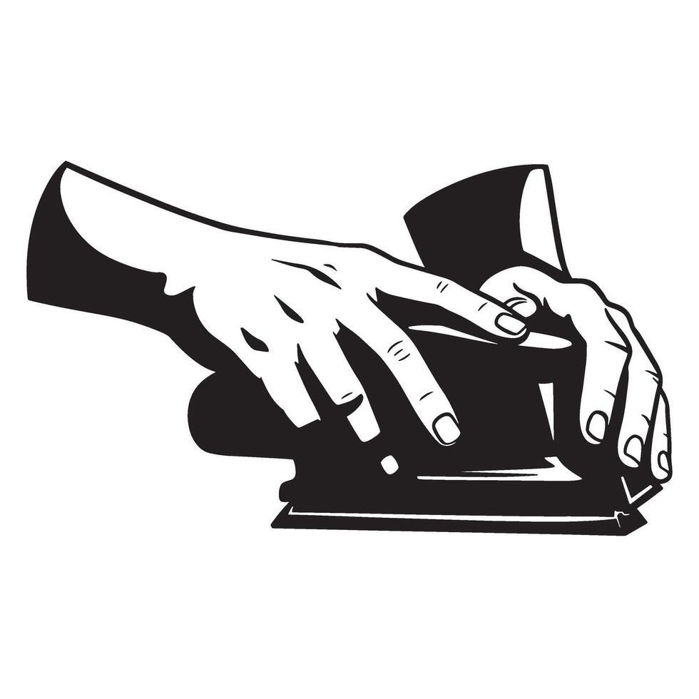 Black and white illustration of hands gripping and operating a sanding machine tool vector
