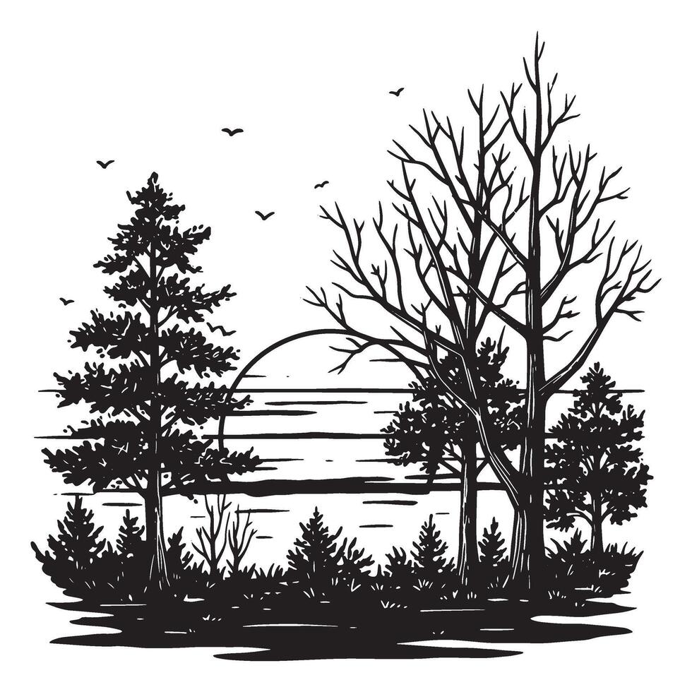 Black and white illustration of a landscape with trees and flying birds at sunset vector