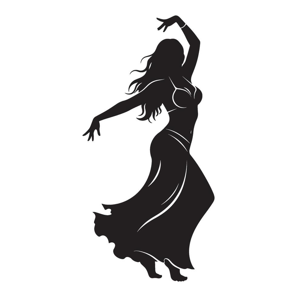 Elegant silhouette of a belly dancer performing gracefully with flowing hair and dress vector