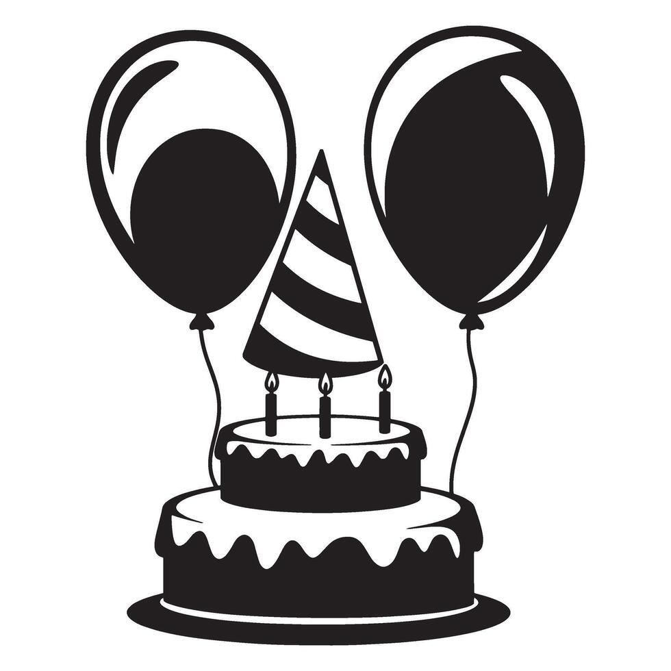 Birthday celebration illustration with cake balloons and festive party hat in black and white vector