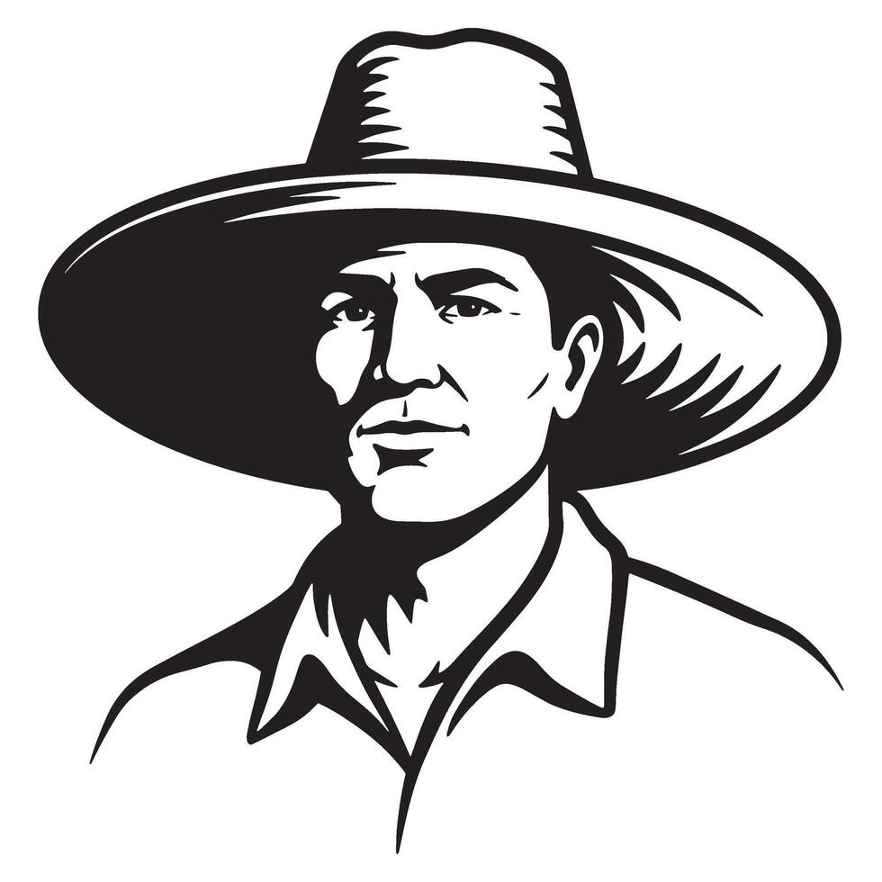 Black and white illustration of a man wearing a wide brimmed cowboy hat vector