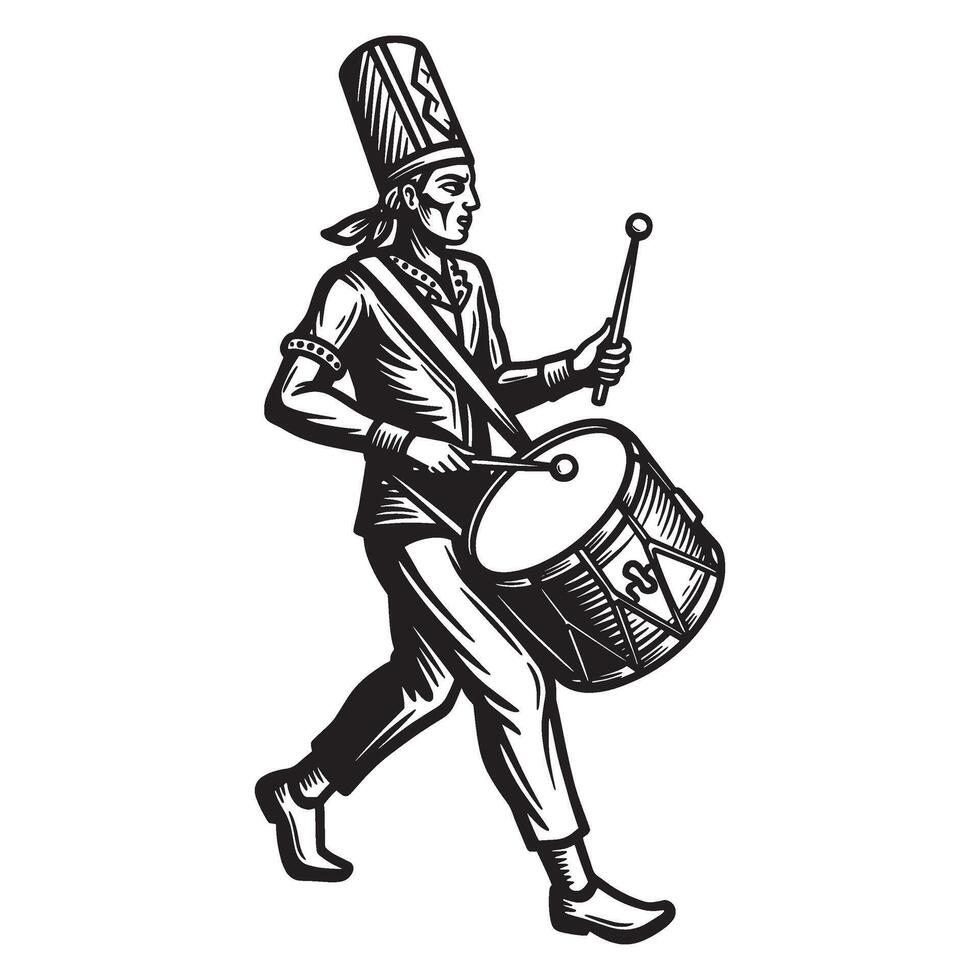Vintage illustration of a drummer in uniform marching and playing the snare drum vector