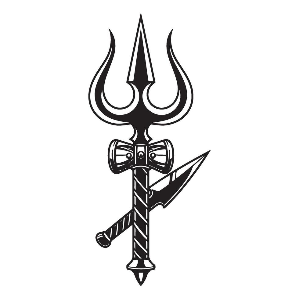 Intricate black and white illustration of a powerful trident symbol of shiva vector