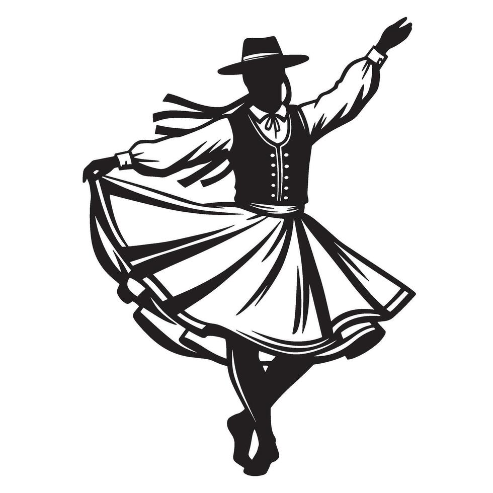 Silhouette of a traditional folk dancer in motion illustration in black and white vector