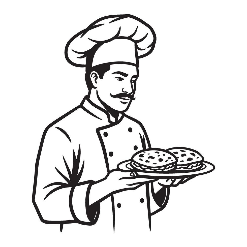 Chef in uniform holding plate of food serving freshly prepared culinary delights vector