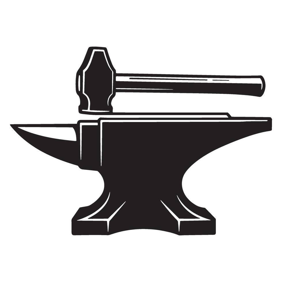 Black and white illustration of a classic anvil with a hammer resting on top of it vector