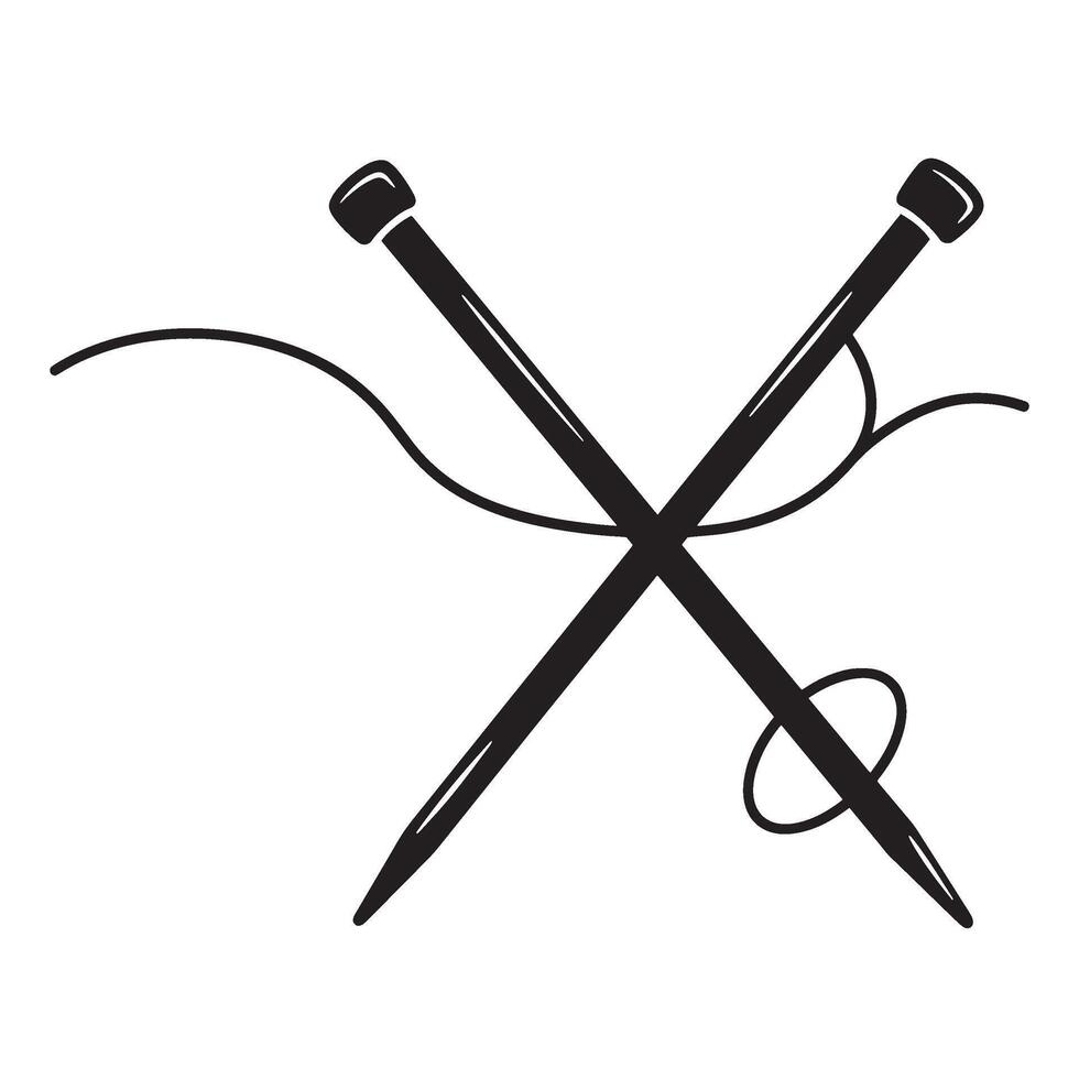 Black and white illustration of crossed knitting needles and yarn on a white background vector