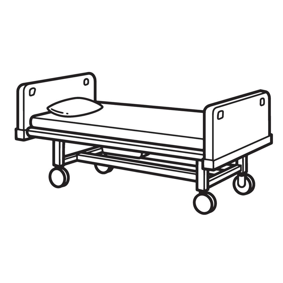 Simple black and white illustration of a hospital bed with a pillow on wheels vector