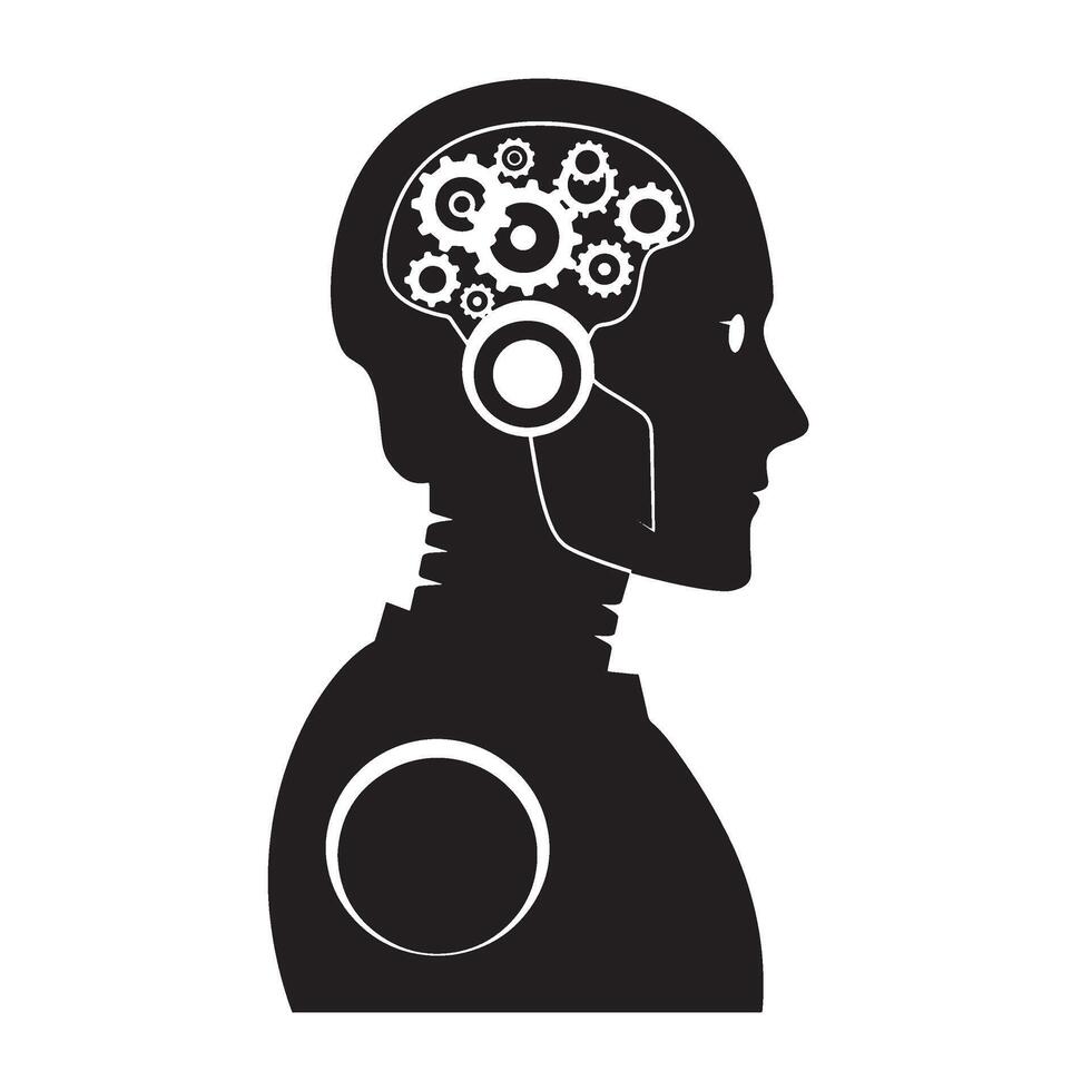 Silhouette of a robot head with brain gears representing artificial intelligence vector