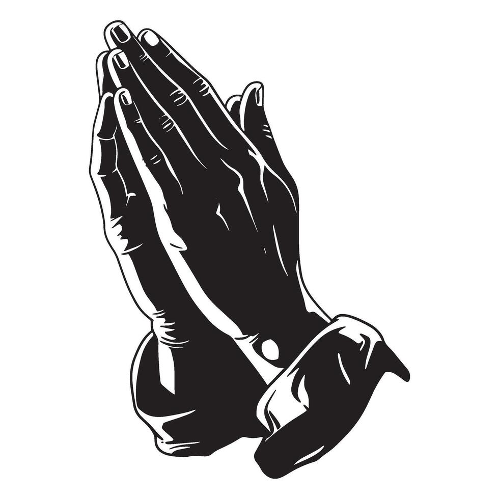 Black and white illustration of hands clasped in prayer on white background vector