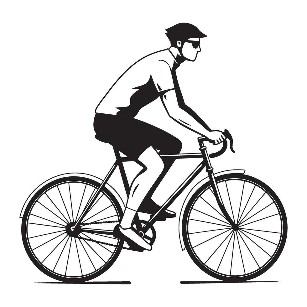 Black and white illustration of a cyclist riding a bicycle isolated on white background vector