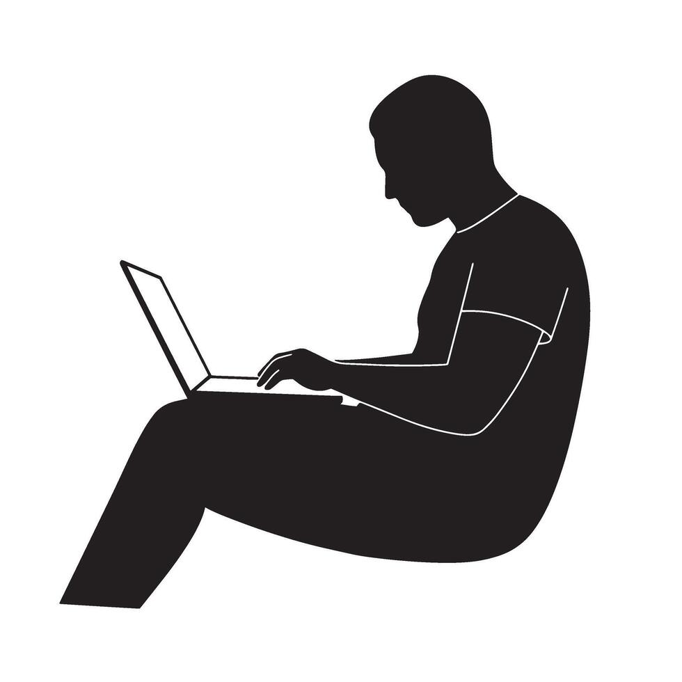 Silhouette of a man working on a laptop computer in a sitting position on white background vector
