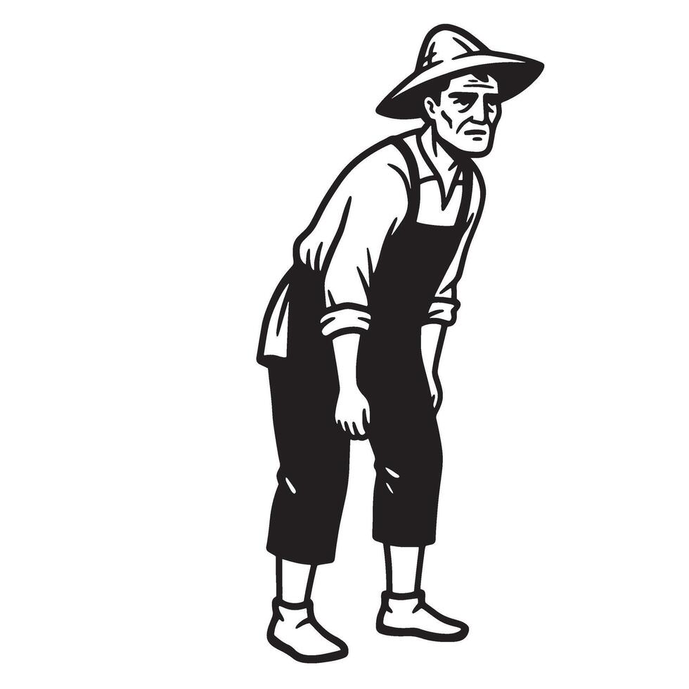 Vintage illustration depicting a weary farmer in overalls and a wide brimmed hat looking down vector
