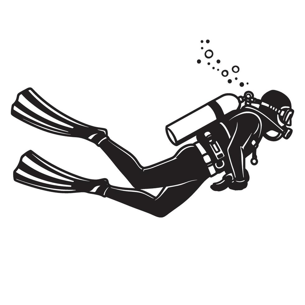 Black and white silhouette illustration of a scuba diver underwater with flippers and air bubbles vector
