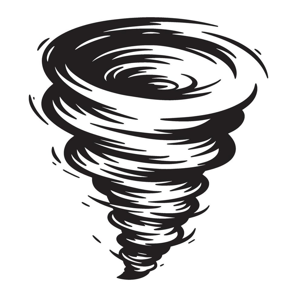 Stylized black and white illustration of a powerful rotating tornado against white background vector