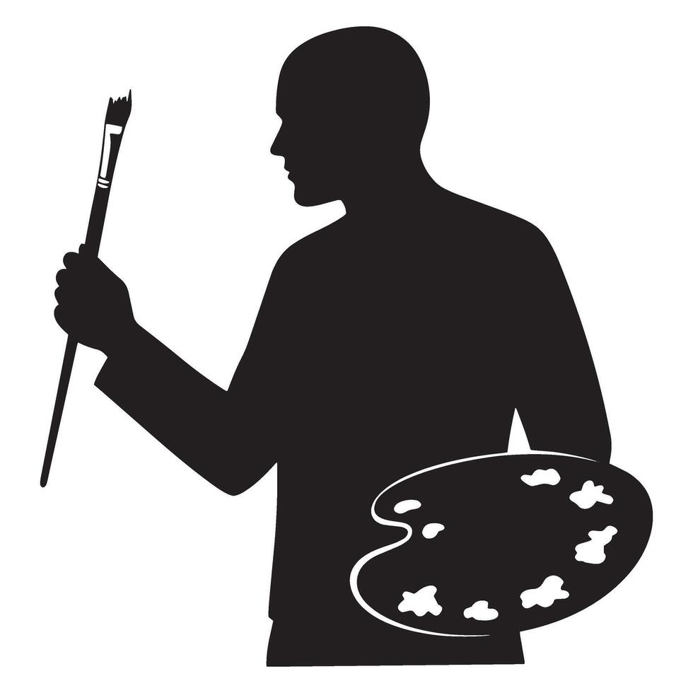 Artistic silhouette of an artist holding a paintbrush and palette isolated on white background vector