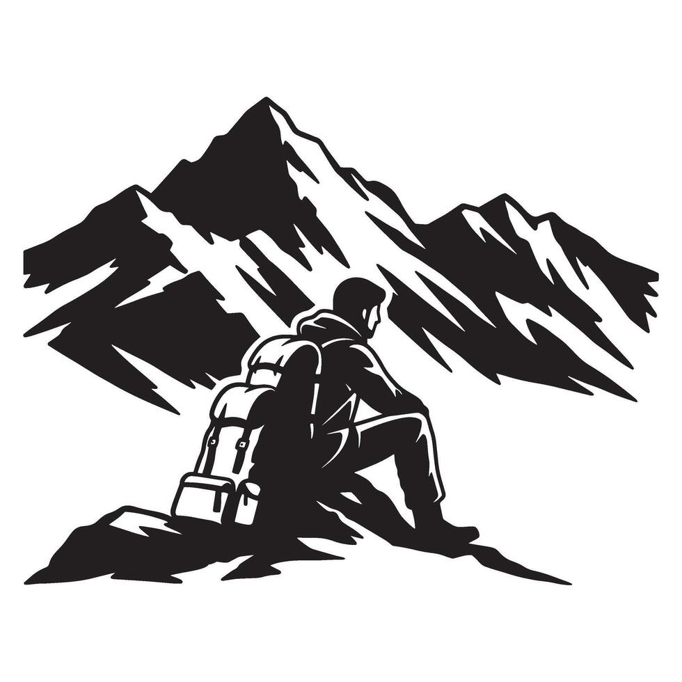 Silhouette of a hiker sitting on a rock facing a mountain range adventure concept vector