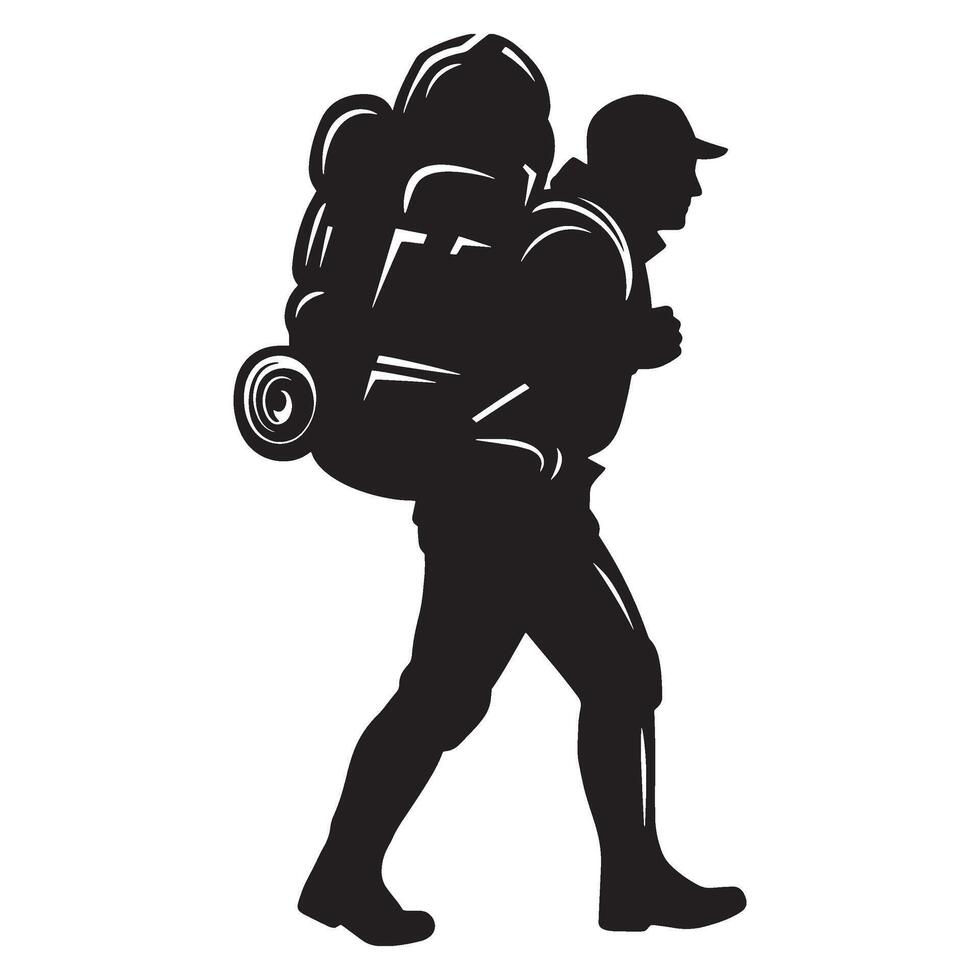 Silhouette illustration of a hiker carrying a backpack ready for an outdoor adventure vector