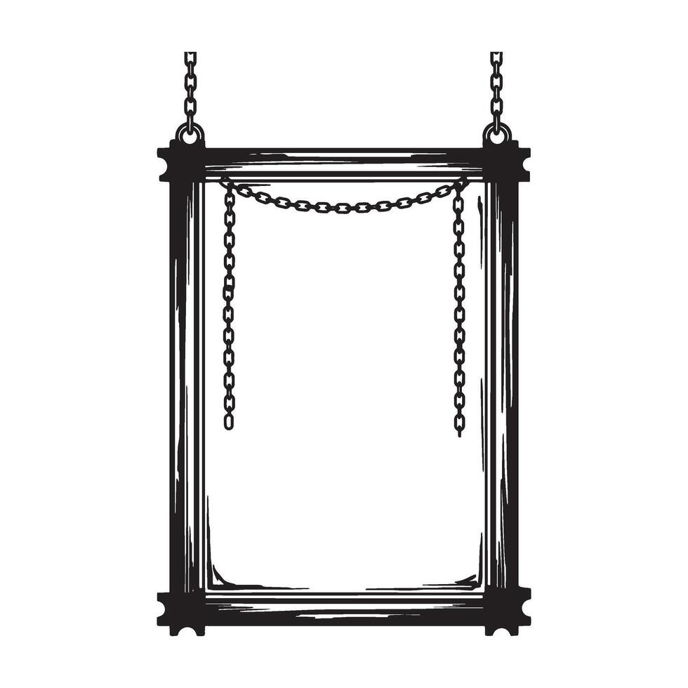 Decorative empty hanging frame with chains in black and white sketch style vector