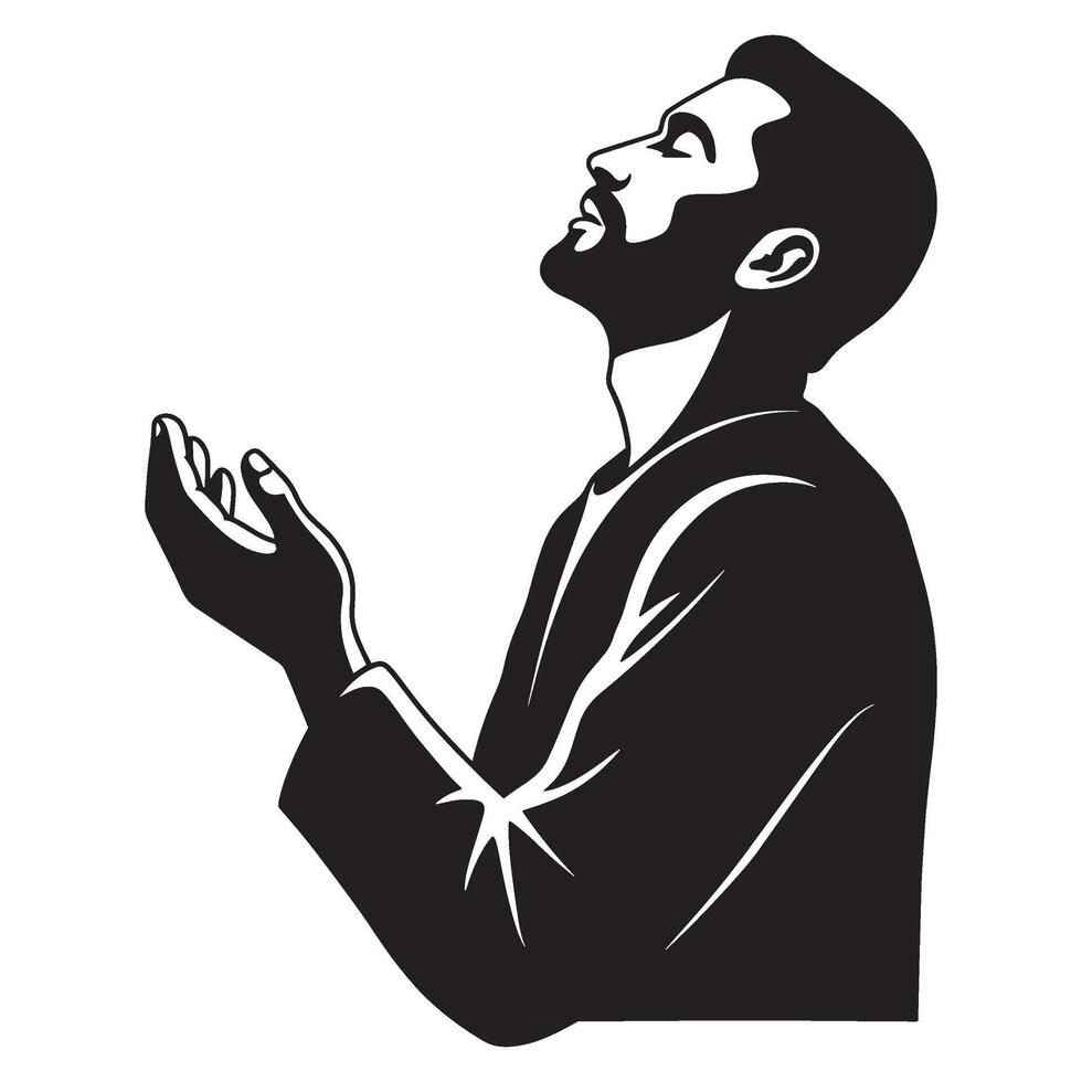 illustration of a man looking upwards with hands raised in a prayerful gesture vector