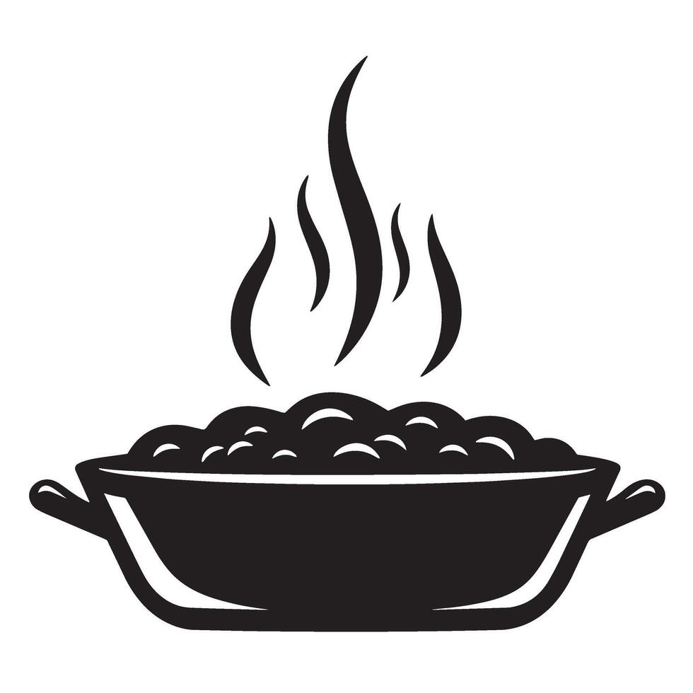 Simple black and white illustration of a hot dish steaming above a cooking pot vector