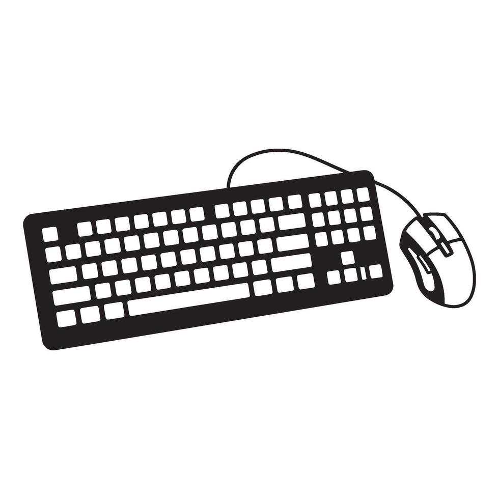 Simple black and white illustration of computer keyboard and mouse isolated on white background vector
