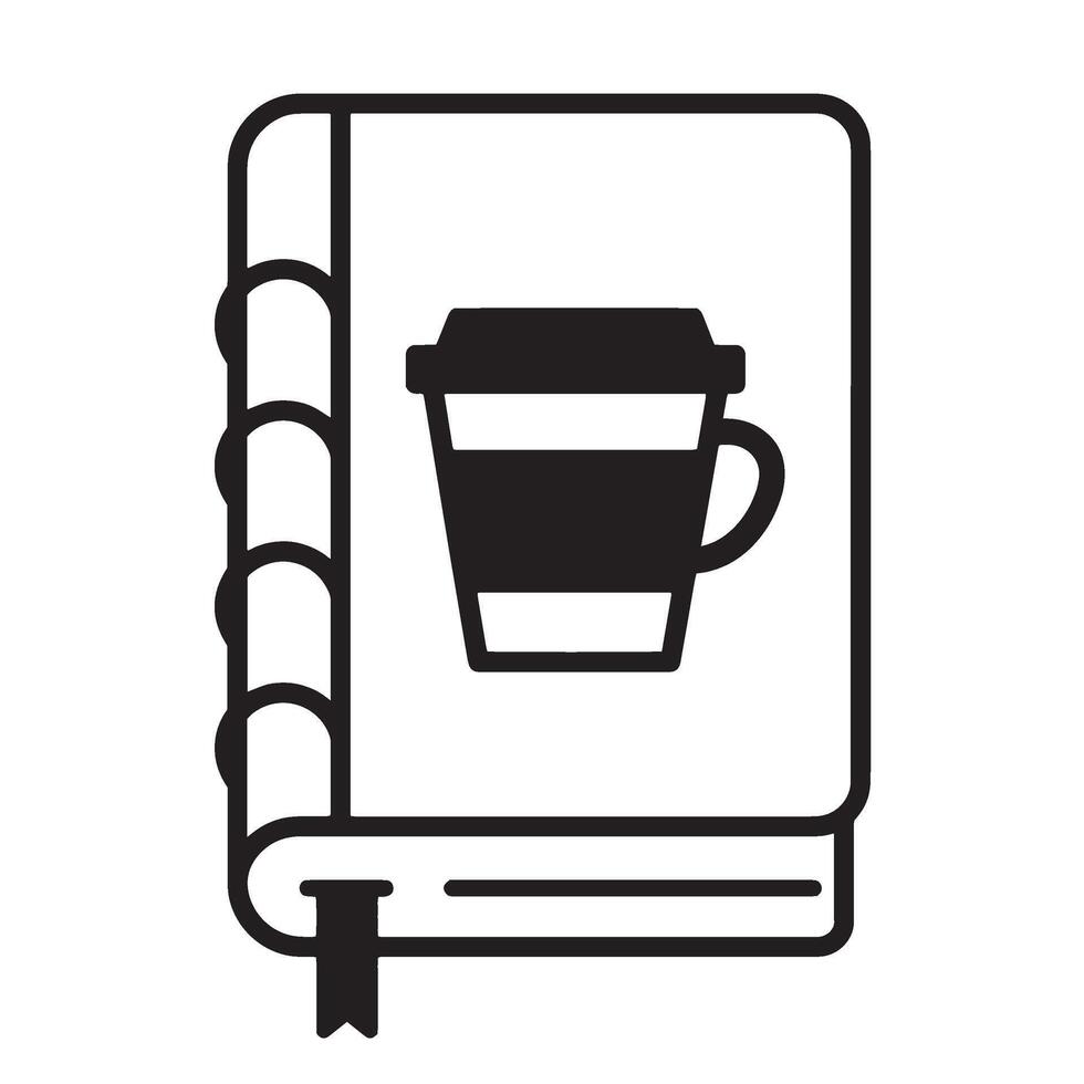 Black and white illustration of a book with a coffee cup icon on its cover. vector
