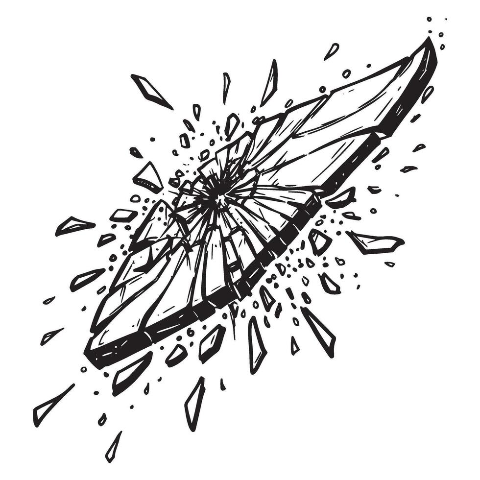 Shattered glass illustration exploding with numerous fragments and a hand drawn style vector