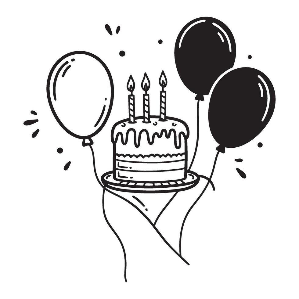Hand holding a birthday cake with candles and balloons celebrating a special event vector