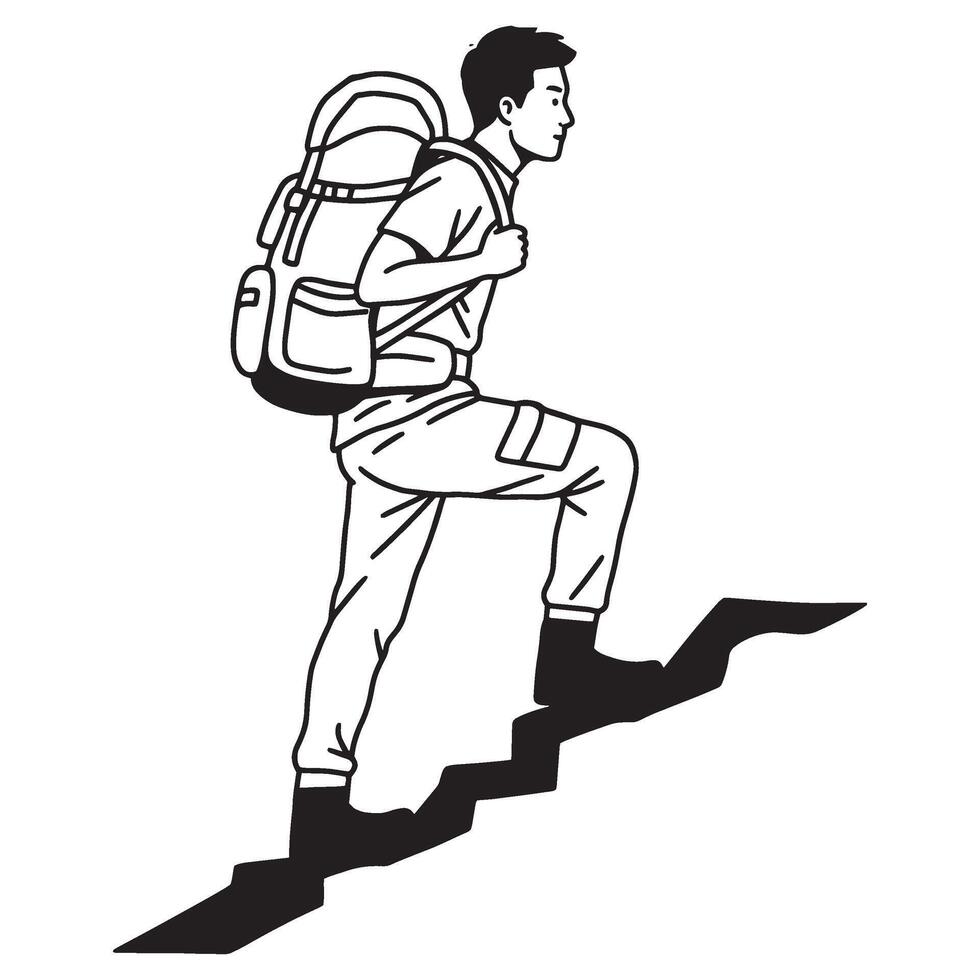 Monochrome illustration of a hiker climbing steps with a backpack adventure concept vector
