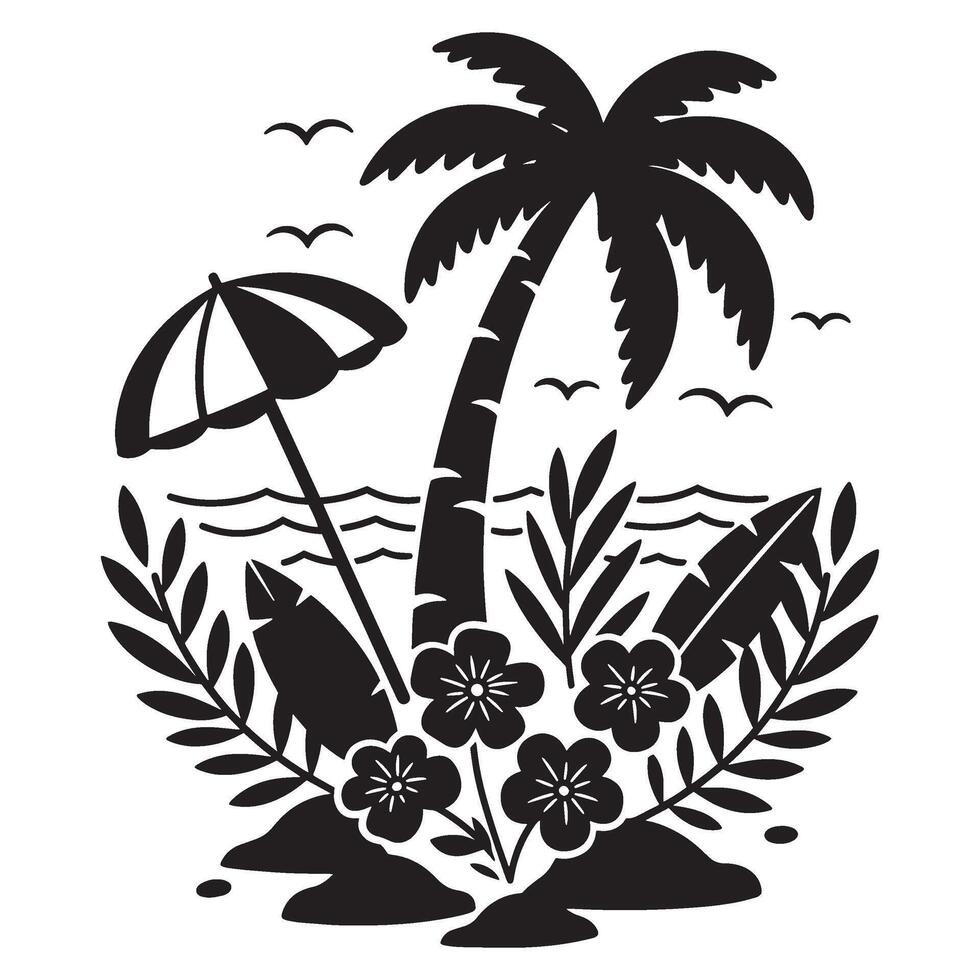 Black and white summer beach scene with palm tree umbrella surfboard and flowers vector