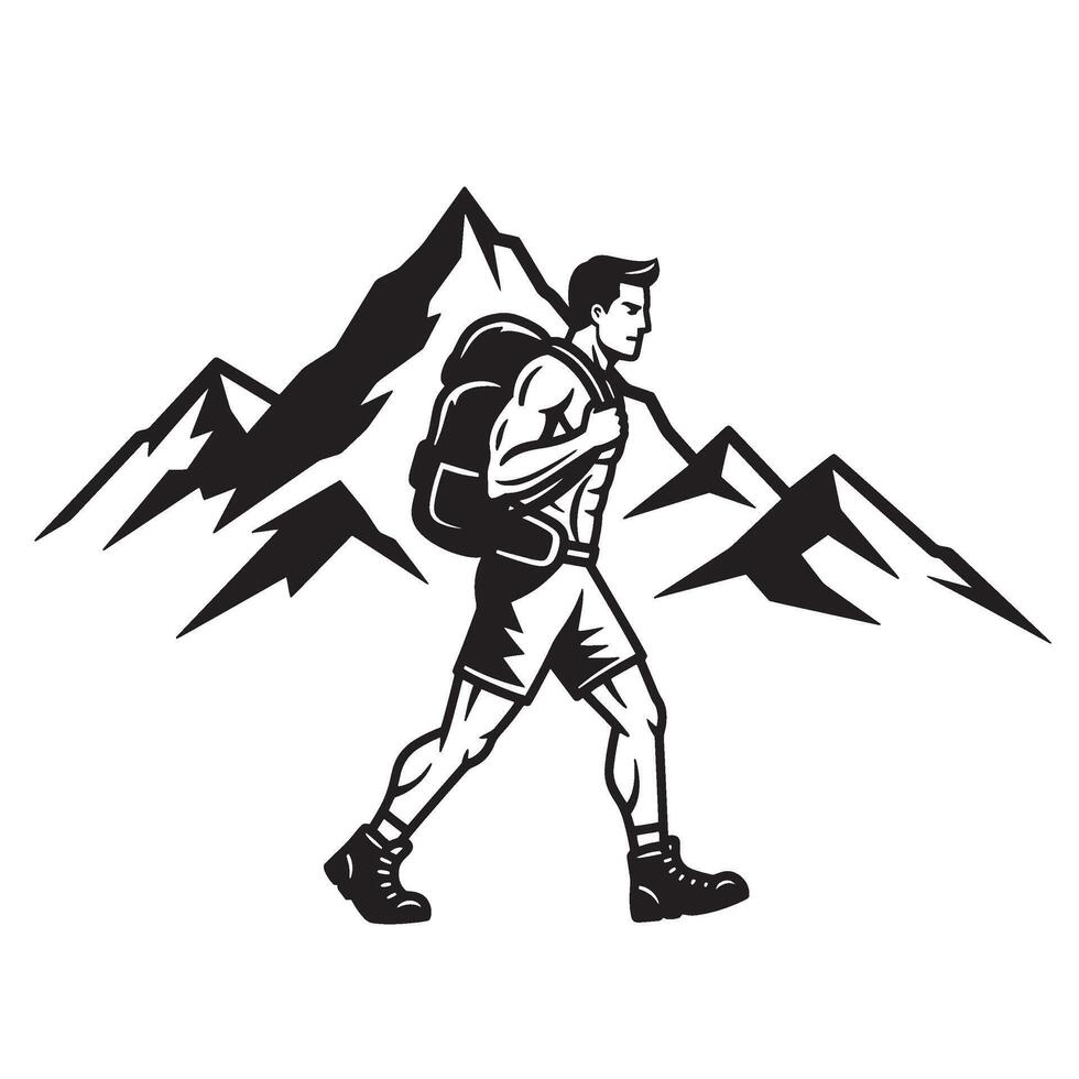 Silhouette illustration of a hiker walking with backpack in front of majestic mountain peaks vector
