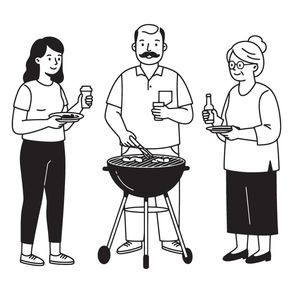 Illustration of a family enjoying a barbecue gathering with food and drinks outdoors vector