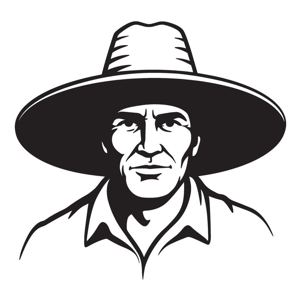 Illustration of a strong farmer wearing a wide brimmed hat in a black and white style vector