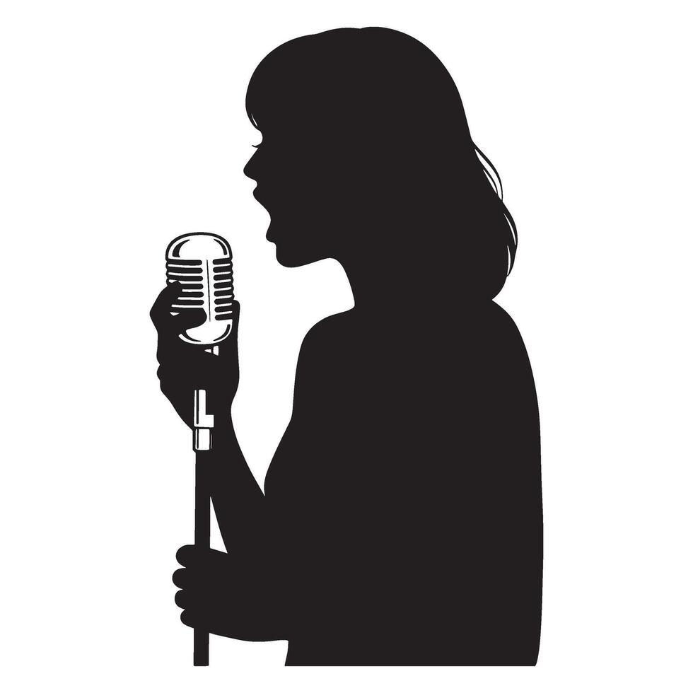 Silhouette of a woman singing into a vintage microphone in black and white vector
