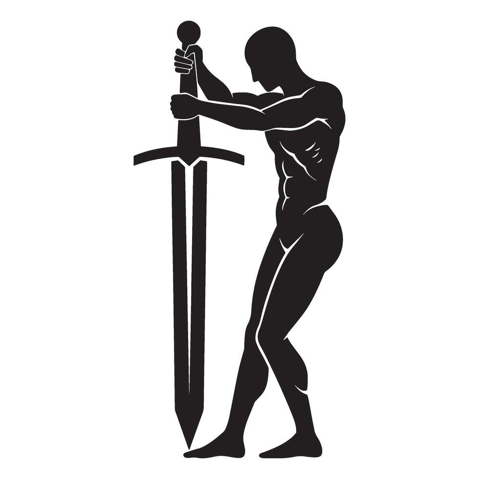 Black silhouette of a muscular warrior holding a large sword against a white background vector