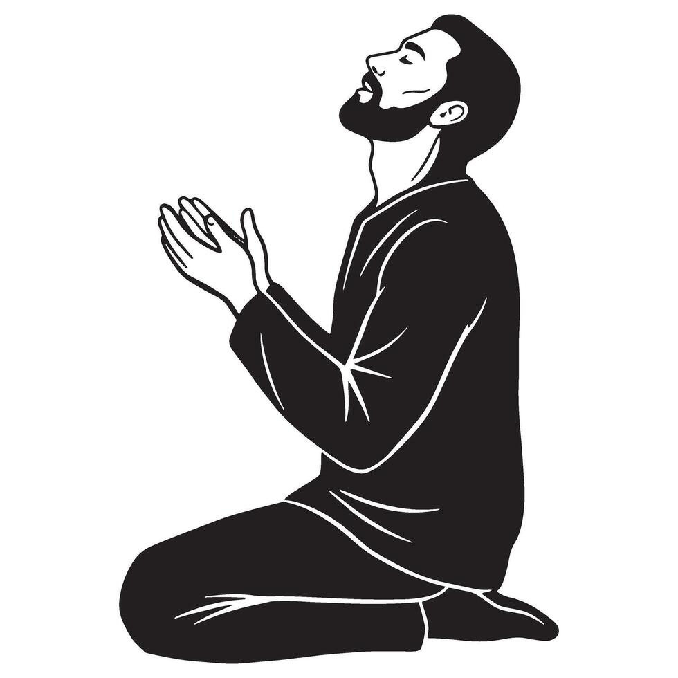Black and white illustration of a man praying with hands raised towards the sky vector