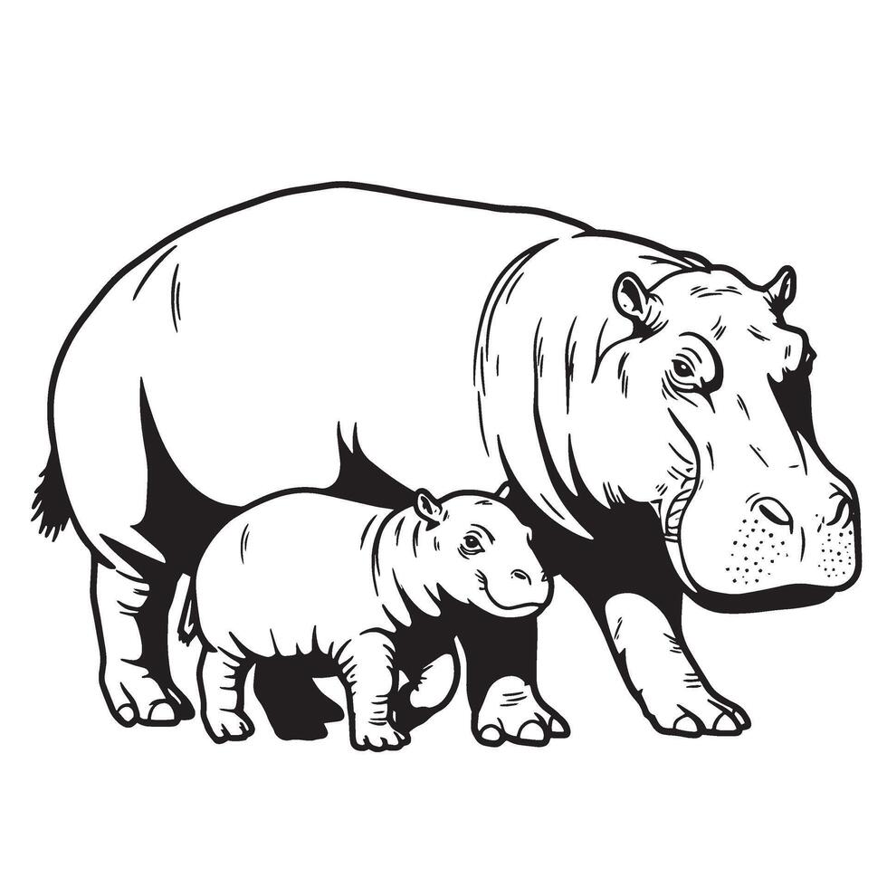 Mother and baby hippopotamus drawn in a simple black and white illustrative style vector