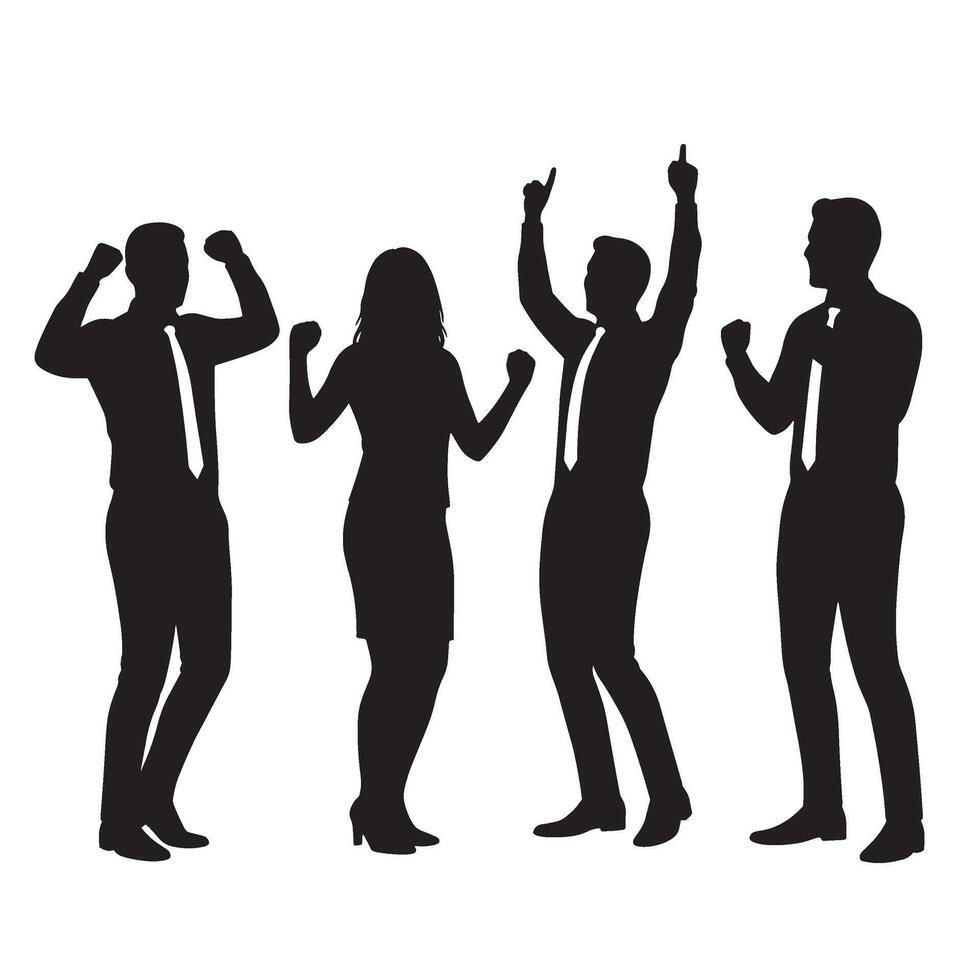 Silhouettes of successful business people celebrating achievement and teamwork in monochrome vector