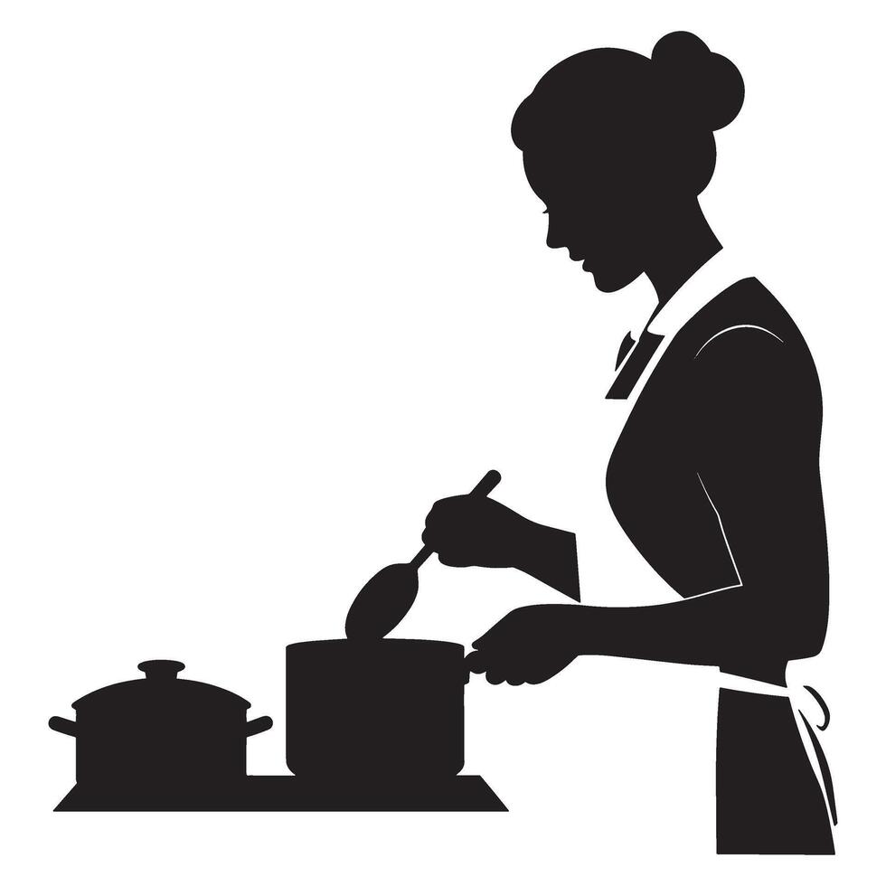Silhouette of a woman in apron cooking with pots and spoon in a kitchen setting vector