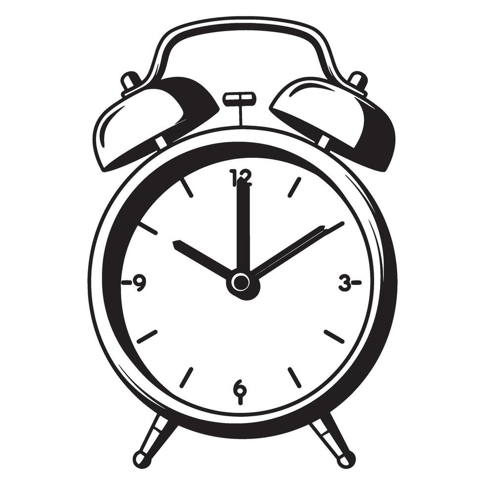 Black and white retro illustration of an alarm clock showing the time at ten past twelve vector