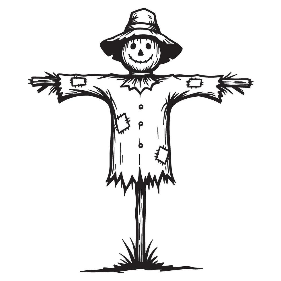 Detailed black and white illustration of a friendly scarecrow with a straw hat vector