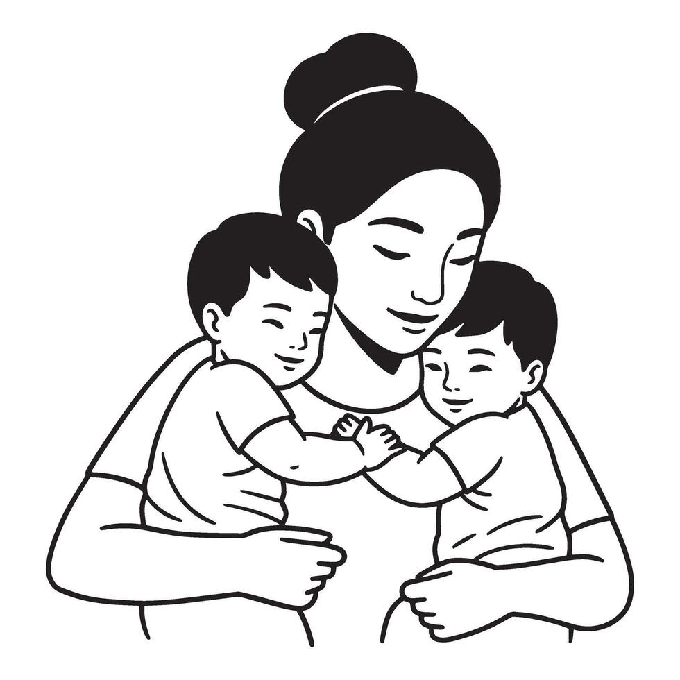 Mother embracing her twin babies a heartwarming black and white illustration vector