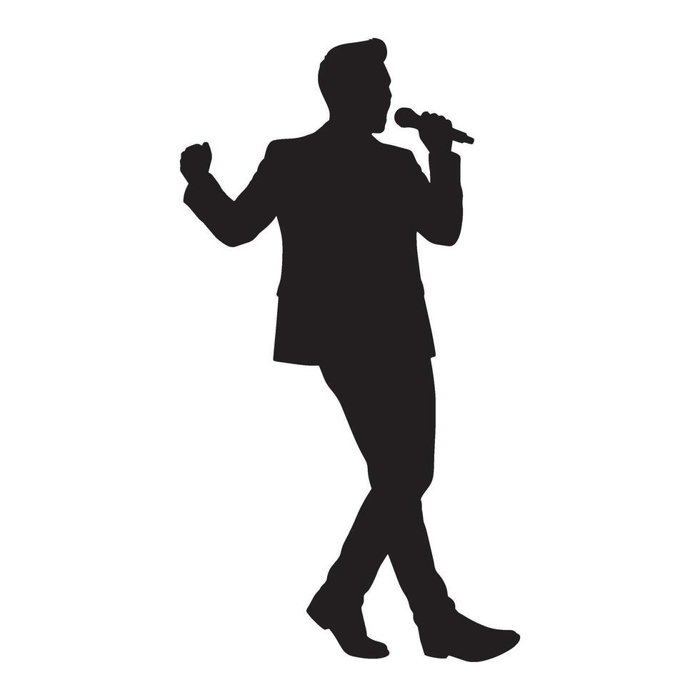 Silhouette illustration of a male singer performing with a microphone on a white background vector