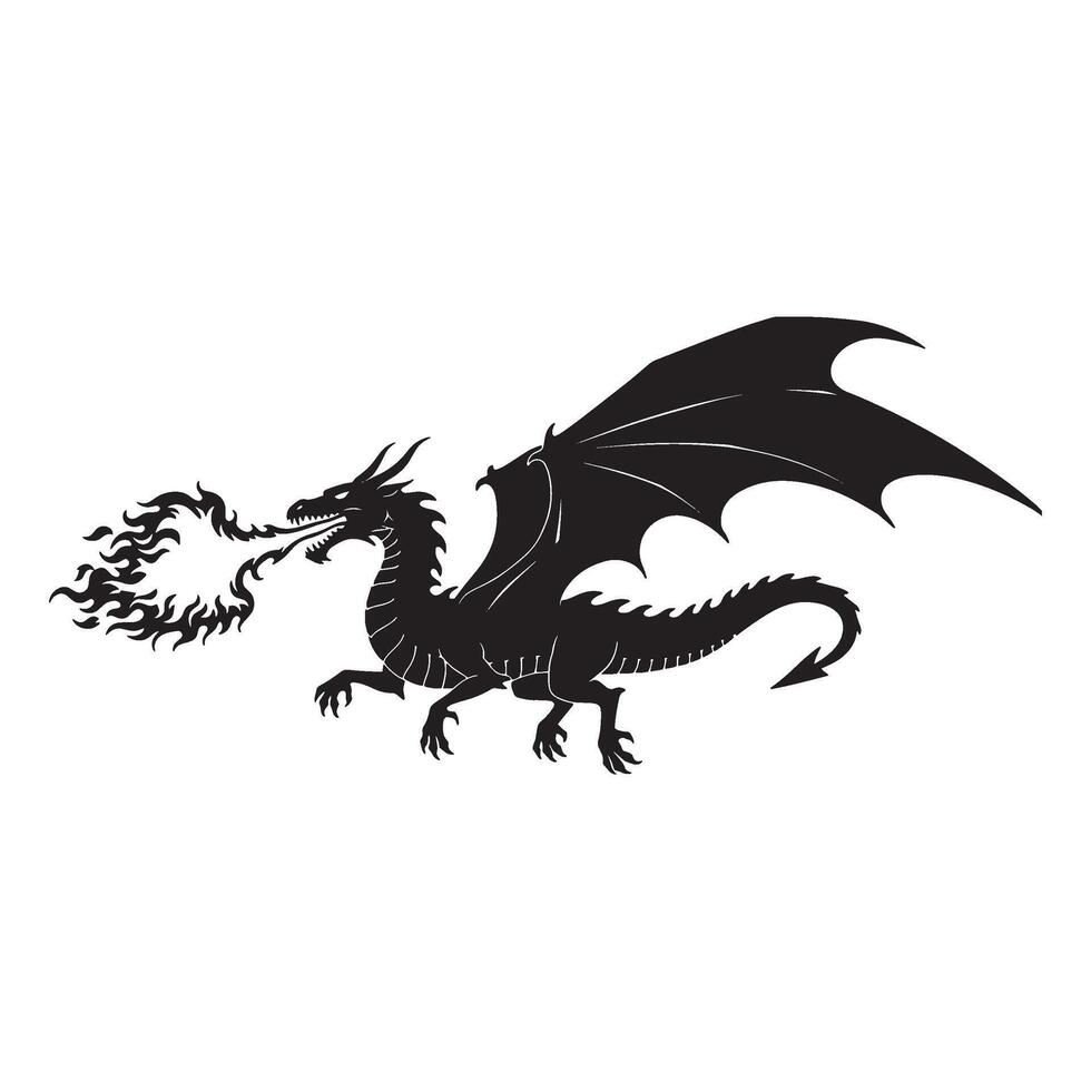Fierce black dragon silhouette breathing fire illustration on a white background vector